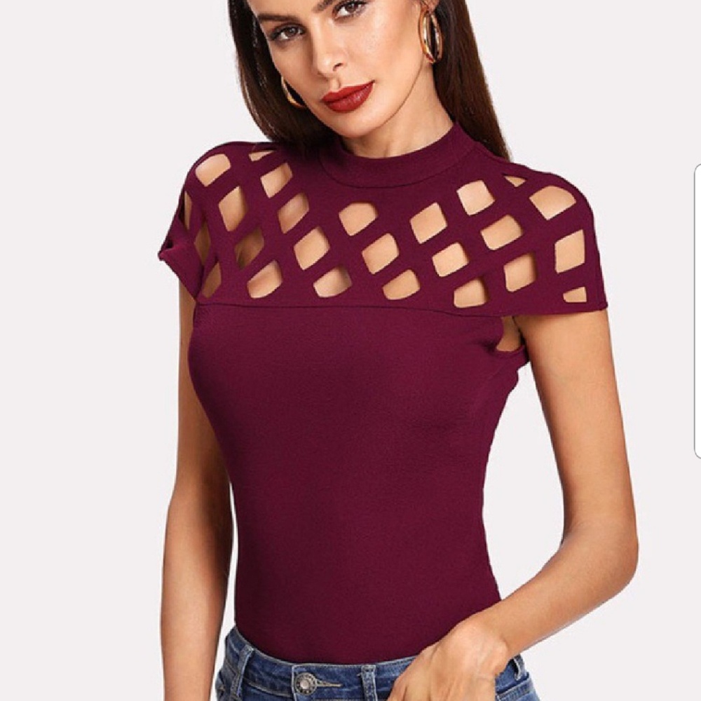 🍷Beautiful!, High Neck, Laser Cut Bodice Top